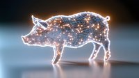 Glowing wireframe pig silhouette with constellation effect and sparkles on dark background, digital art visualization for agriculture and farming technology.