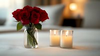 Fresh red roses in clear glass vase with glowing white candles creating romantic atmosphere on white tablecloth, soft bokeh background sets intimate mood.