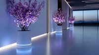 Modern minimalist hallway with illuminated columns featuring pink cherry blossom arrangements against blue ambient lighting, creating dramatic interior atmosphere.