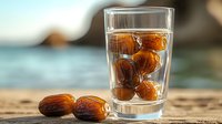 Fresh organic dates soaking in pure water glass on wooden surface with soft bokeh background, healthy natural dried fruit preparation method.
