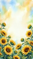 Watercolor sunflower border frame with yellow blooms and green leaves on soft pastel background for greeting cards and invitations.