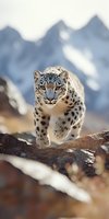 Majestic snow leopard walking on rocky mountain ledge against snowy peaks background, showcasing powerful stance and spotted fur pattern in natural habitat.