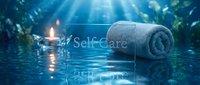 Rolled towel, glowing candle, and glass sign with Self Care text on water surface in blue spa atmosphere.
