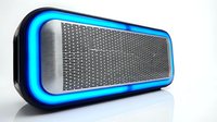 Modern portable speaker with glowing neon blue LED lighting and metallic mesh grille, isolated on white background for product design and tech marketing use.