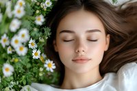 Young woman with closed eyes lying among blooming chamomile flowers in garden. Natural beauty and wellness concept showing peaceful relaxation outdoors.