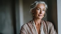 Elegant mature woman with silver hair wearing neutral linen clothing in soft natural light, portraying confidence and serenity for wellness and lifestyle content.