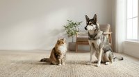 Adorable tabby cat and husky dog sitting together on jute rug in bright modern living room with natural light streaming through large window.