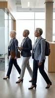 Three mature women professionals walking through modern office corridor with glass partitions and natural light, discussing business strategy.