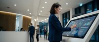 Professional businesswoman using interactive digital touchscreen display with data analytics in modern corporate office lobby environment.
