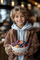 Happy young boy with curly blonde hair holding bowl of fresh mixed berries in cozy cafe setting wearing brown cardigan and gray hoodie smiling at camera.