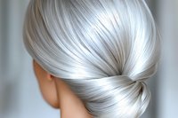 Elegant low bun hairstyle with platinum silver hair shown from behind, highlighting smooth texture and professional styling for bridal and special occasions.