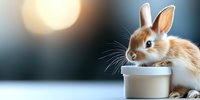 Adorable brown and white baby rabbit resting near white container on blurred background with bokeh lights, close up view of domestic bunny pet.