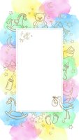 Watercolor baby shower frame with toys and nursery items on pastel rainbow background, blank space for text or invitation design.