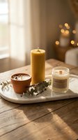 Warm home decor arrangement featuring beeswax candle, ceramic cup with beverage, glass jar candle, and dried botanicals on marble tray. Soft natural light and blurred bokeh background create cozy ambiance for lifestyle and wellness content.