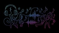 Neon music visualization with headphones, sound waves, musical notes and dancing figures on black background for entertainment design projects.