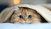 Adorable Persian cat with bright blue eyes peeking out from under white blanket, close-up portrait showing curious expression and cream colored fur.
