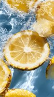 Fresh lemon slices splashing into clear blue water with bubbles, creating a refreshing and dynamic composition for beverage advertising.