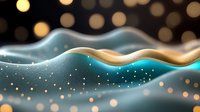 Magical turquoise and gold waves with glowing particles and bokeh lights create dreamy abstract background. Flowing liquid design with sparkling elements.