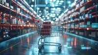 Empty shopping cart in modern warehouse aisle with blue lighting and bokeh effect, reflecting floor surface creates dramatic atmosphere for retail and logistics concepts.