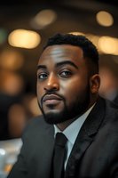 Professional African American businessman in formal suit and tie with confident expression against blurred restaurant background with warm bokeh lighting.