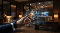 Businessman hand touching holographic digital interface with glowing icons in modern office environment showcasing futuristic technology and data visualization.