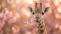 Young giraffe eating pink flowers with soft bokeh background, wildlife animal portrait for nature and safari themed designs.