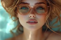 Young woman with blonde curly hair wearing round glasses and straw hat against turquoise background, soft natural makeup and pink lips, close up beauty portrait.