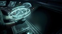 Technician holding holographic digital interface with glowing circular display above futuristic control panel for technology, innovation, and sci-fi design projects.