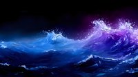 Dynamic ocean waves in vibrant blue and purple hues with white foam crests against dark starry night sky for digital art and fantasy designs.