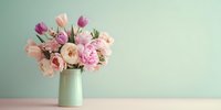 Elegant bouquet of pink peonies, tulips, and roses in mint green ceramic vase against pastel background, creating soft romantic atmosphere.
