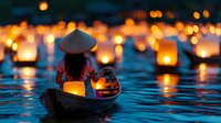 Asian woman in traditional conical hat rowing wooden boat at night among glowing lanterns floating on water, creating magical atmosphere with bokeh lights reflecting on dark surface.