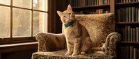 Ginger tabby cat sitting on upholstered armchair by window with bookshelves in background, cozy home library setting.