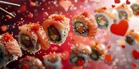 Fresh salmon sushi rolls with red caviar and avocado on romantic red background with heart shapes and bokeh lights, Valentine's day celebration.