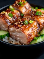 Glazed pork belly slices with teriyaki sauce served on rice with fresh cucumber and green onions, garnished with sesame seeds and chili flakes in black bowl.