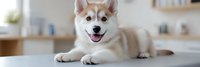 Adorable Siberian Husky puppy with blue eyes lying on kitchen floor, happy expression with tongue out, domestic pet animal companion for family lifestyle.