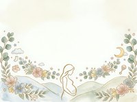 Pregnant woman silhouette surrounded by botanical elements, flowers, and nature motifs in soft watercolor style. Maternity, pregnancy, and motherhood concept artwork for healthcare, wellness, and family design projects.