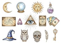 Celestial moon crescent, crystal ball, golden sun, mystical potion bottle, vintage map, amethyst crystal, all-seeing eye, tarot cards, wizard hat, owl, skull, feather, skeleton key isolated on white background for design projects.
