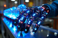 Robotic prosthetic hand with glowing blue and red LED lights against dark background showcases advanced technology in modern biomedical engineering.