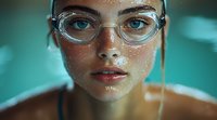 Young woman in swimming goggles with water drops on face, intense blue eyes and natural makeup against turquoise pool background, close-up portrait showing fresh wet skin.