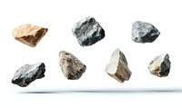 Floating mineral rocks and stones collection on white background, raw geological specimens arranged in line showing natural texture and structure.