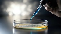 Laboratory technician using pipette to add blue liquid sample to petri dish for scientific research and chemical analysis in modern lab setting.