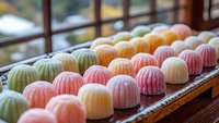 Colorful traditional Japanese wagashi sweets arranged on bamboo tray with soft natural lighting. Delicate confectionery display for tea ceremony and cultural events.