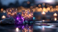 Glowing glass candle holders with purple lotus flower decoration against blurred bokeh lights background create romantic atmosphere for spa or meditation.