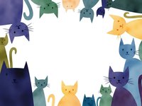 Colorful cartoon cats frame border with empty white center space for text or design elements, featuring various feline characters in different colors.