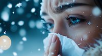 Young woman with bright blue eyes and winter makeup looking at falling snow, wrapped in white scarf, close-up portrait with bokeh lights and snowflakes.