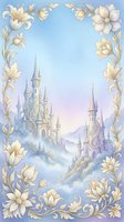 Fairytale castle landscape with ornate floral border in pastel blue and purple watercolor style for fantasy storytelling and magical themed designs.