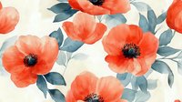 Delicate watercolor poppies in coral red with dusty blue leaves on cream background, seamless floral pattern for fabric, wallpaper and home decor.