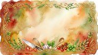 Watercolor cooking background with fresh vegetables, herbs, and kitchen knife on aged paper with ornamental gold border frame.