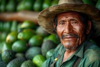 Senior Latino farmer smiling warmly while standing near fresh harvested avocados at local produce market, wearing traditional straw hat and green work shirt.