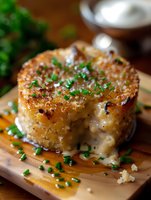 Grilled cheese sandwich with melted interior on wooden board, garnished with fresh chopped chives and sea salt. Golden brown crispy crust and creamy center.